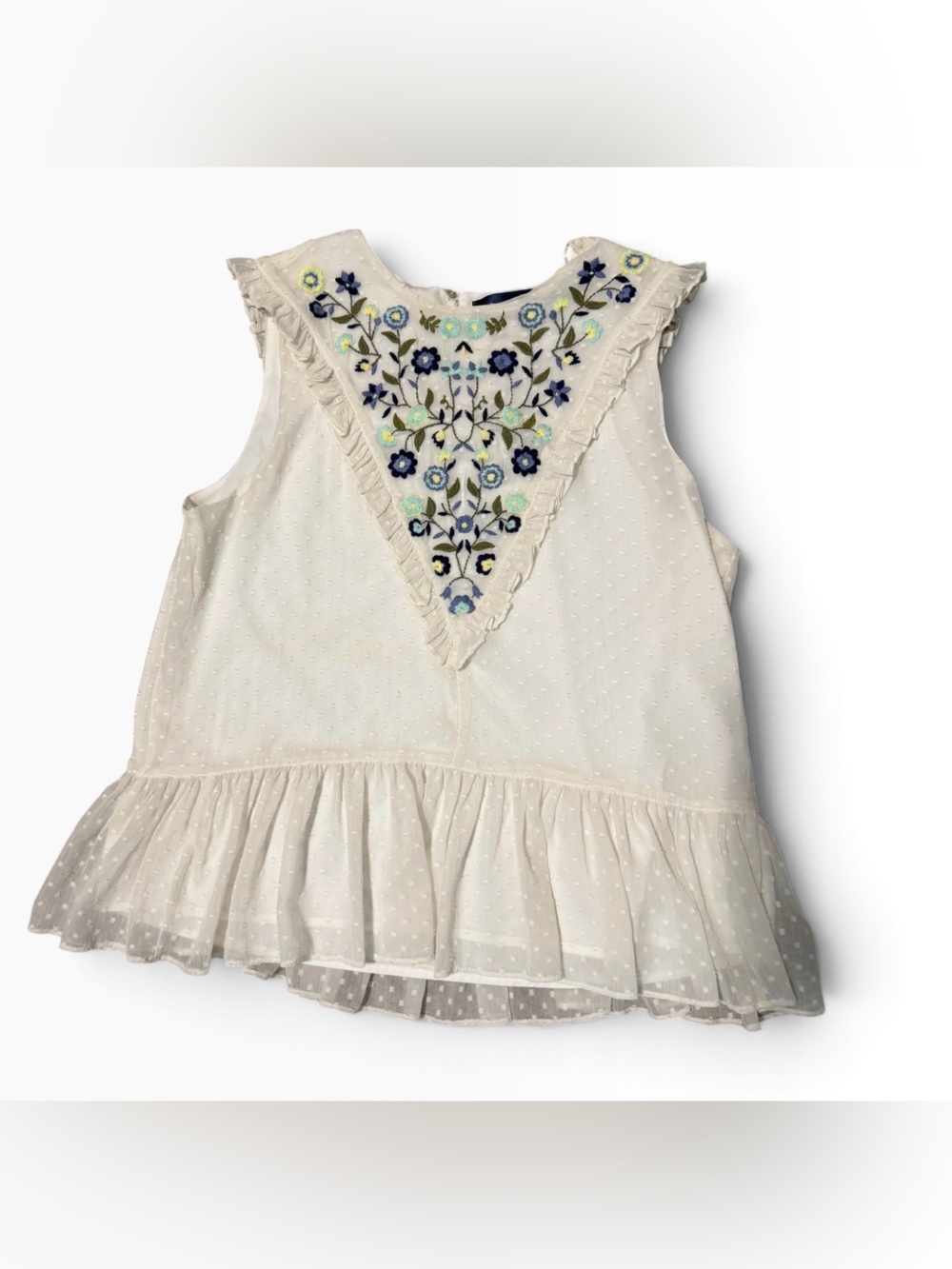 Blue Rain Ivory Embroidered Ruffle Hem Sleeveless Blouse